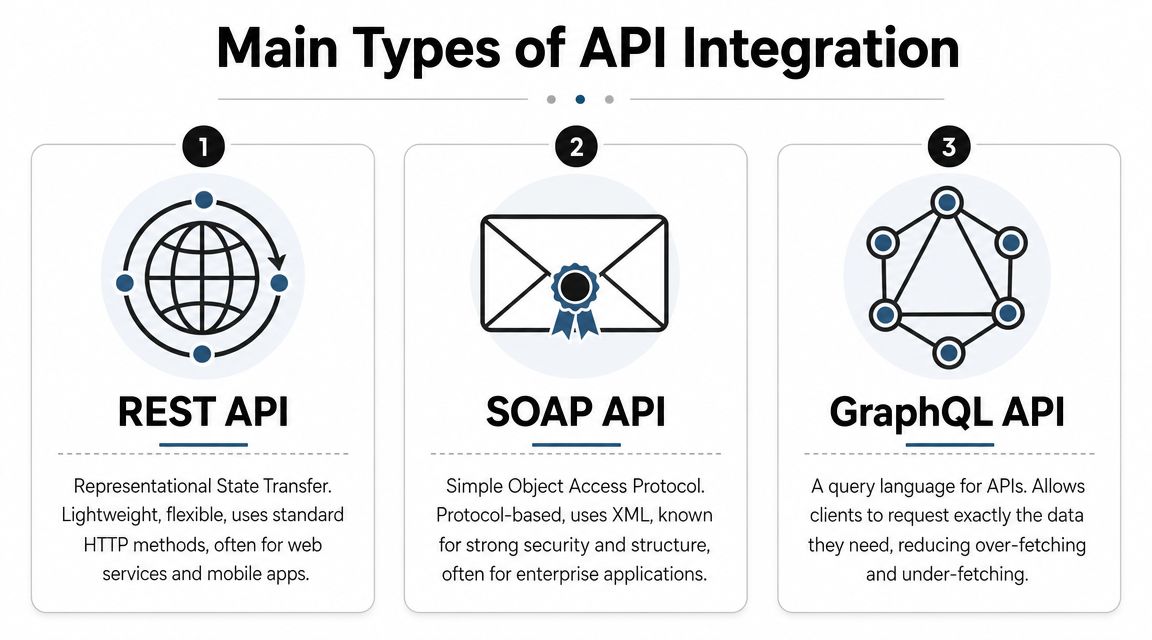 An infographic illustrating the three main types of API integration: REST, SOAP, and GraphQL APIs.