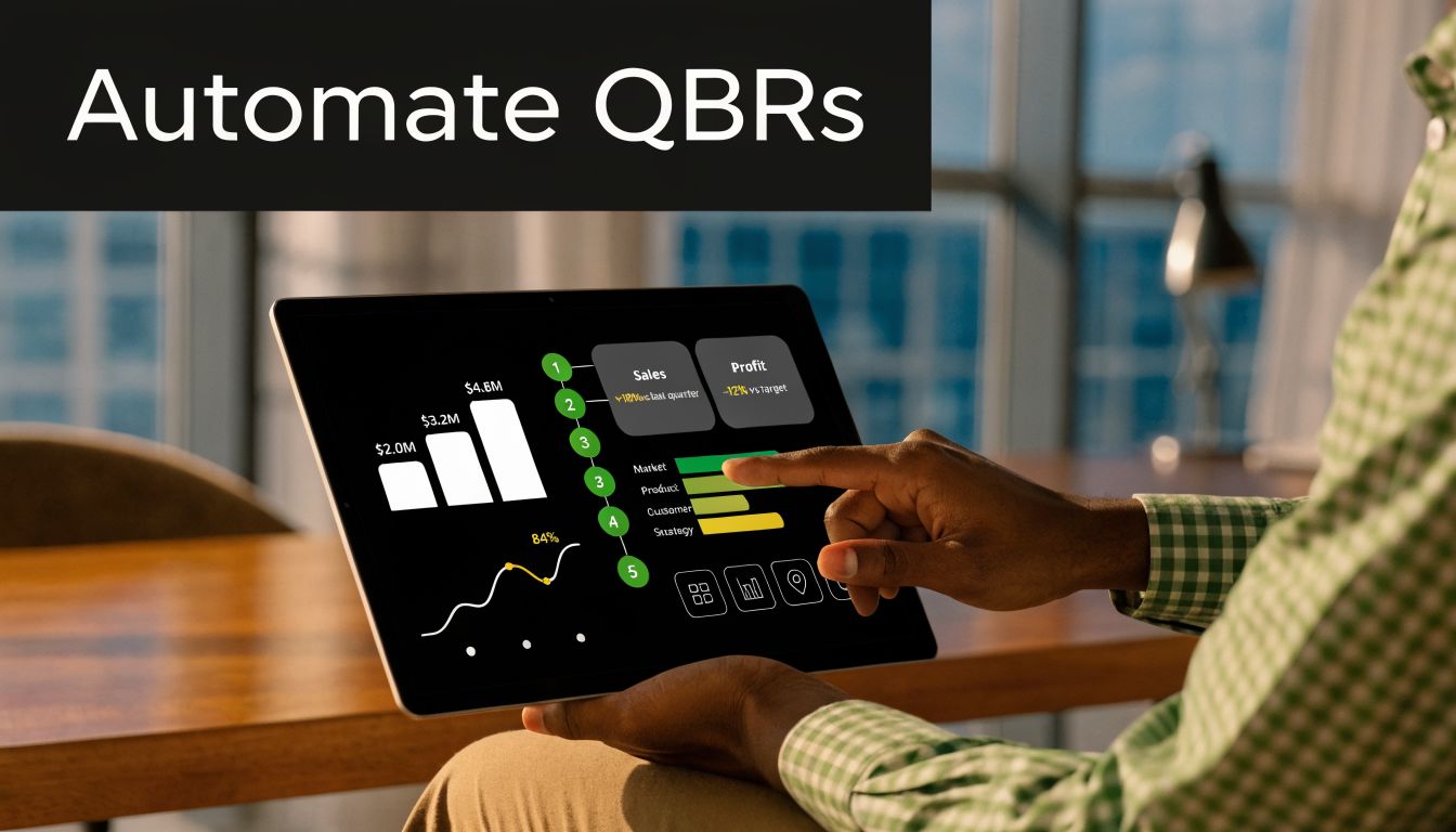 A professional analyzing quarterly business review data dashboards on a digital tablet in a modern office setting.