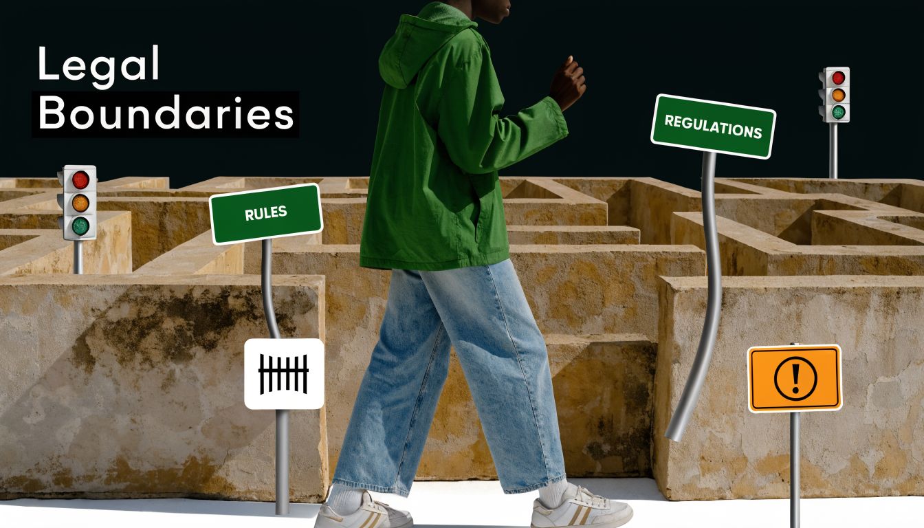 A person walks through a stone labyrinth past traffic signs labeled Rules and Regulations against a black background.