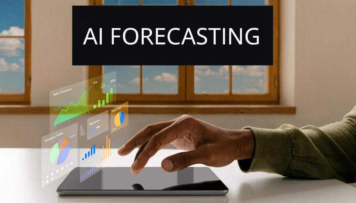 A person using a tablet to analyze holographic business charts featuring sales forecasting and revenue data.