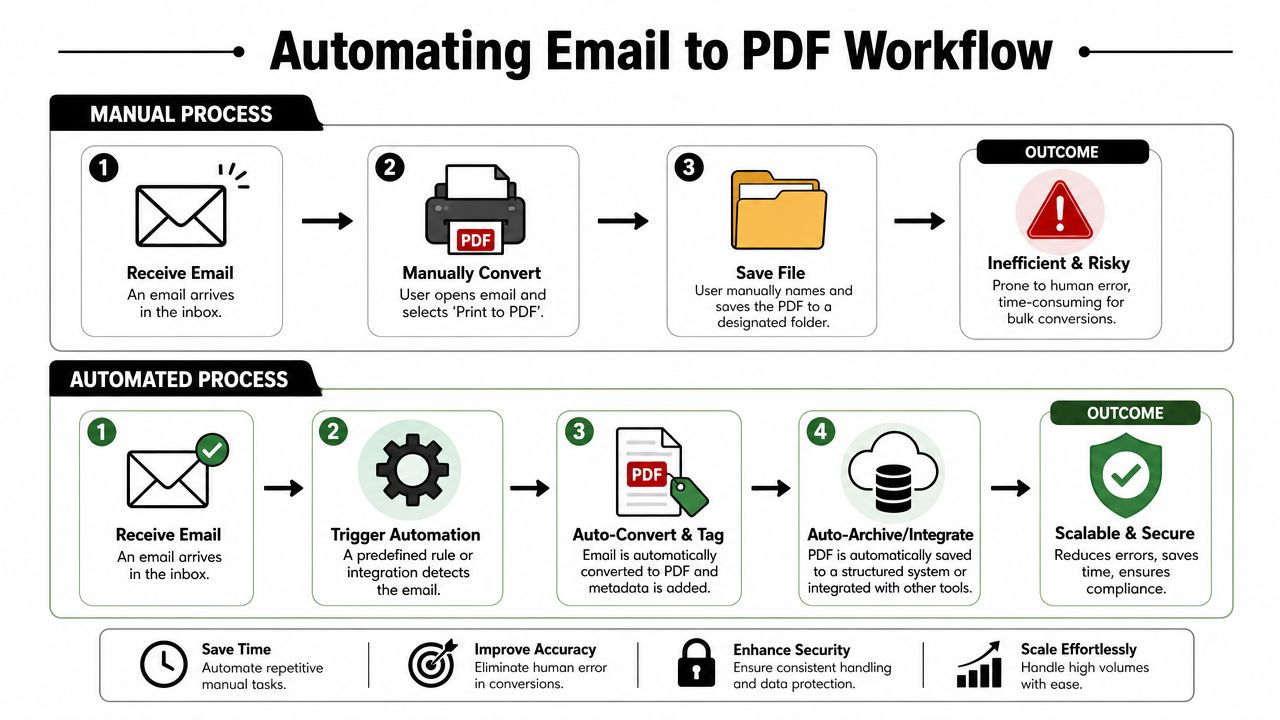 A diagram comparing a slow manual email to PDF process with an efficient automated workflow.
