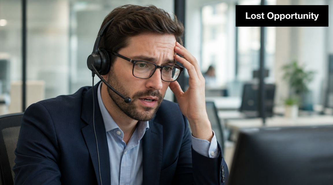 A concerned office worker wearing a headset looking at a computer screen during a lost opportunity.