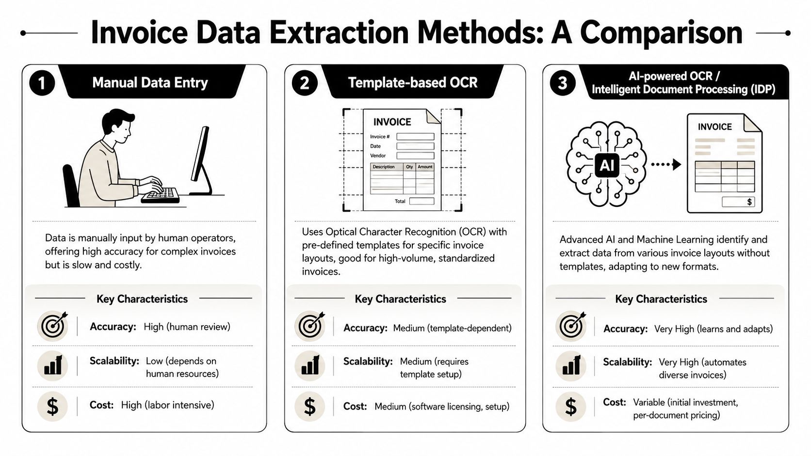 A comparison chart showing three methods for extracting data from invoices: manual entry, template-based OCR, and AI-powered IDP.