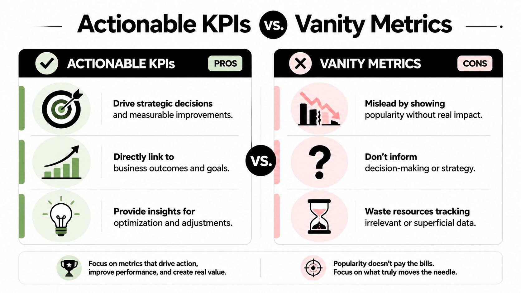 A comparison chart showing the differences between actionable business KPIs and misleading vanity metrics.