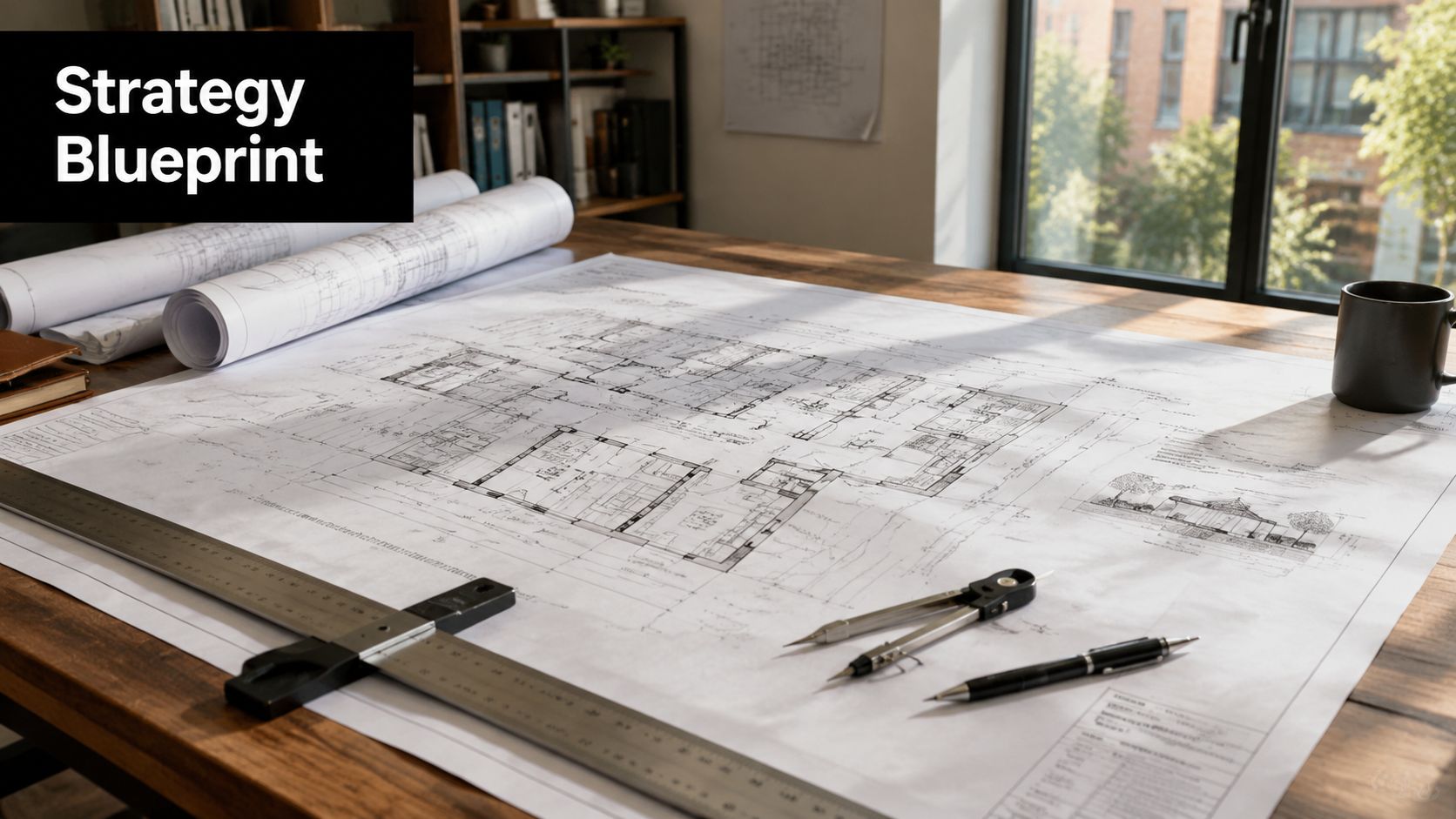 A professional architectural blueprint laid out on a wooden office desk next to drafting tools and notebooks.