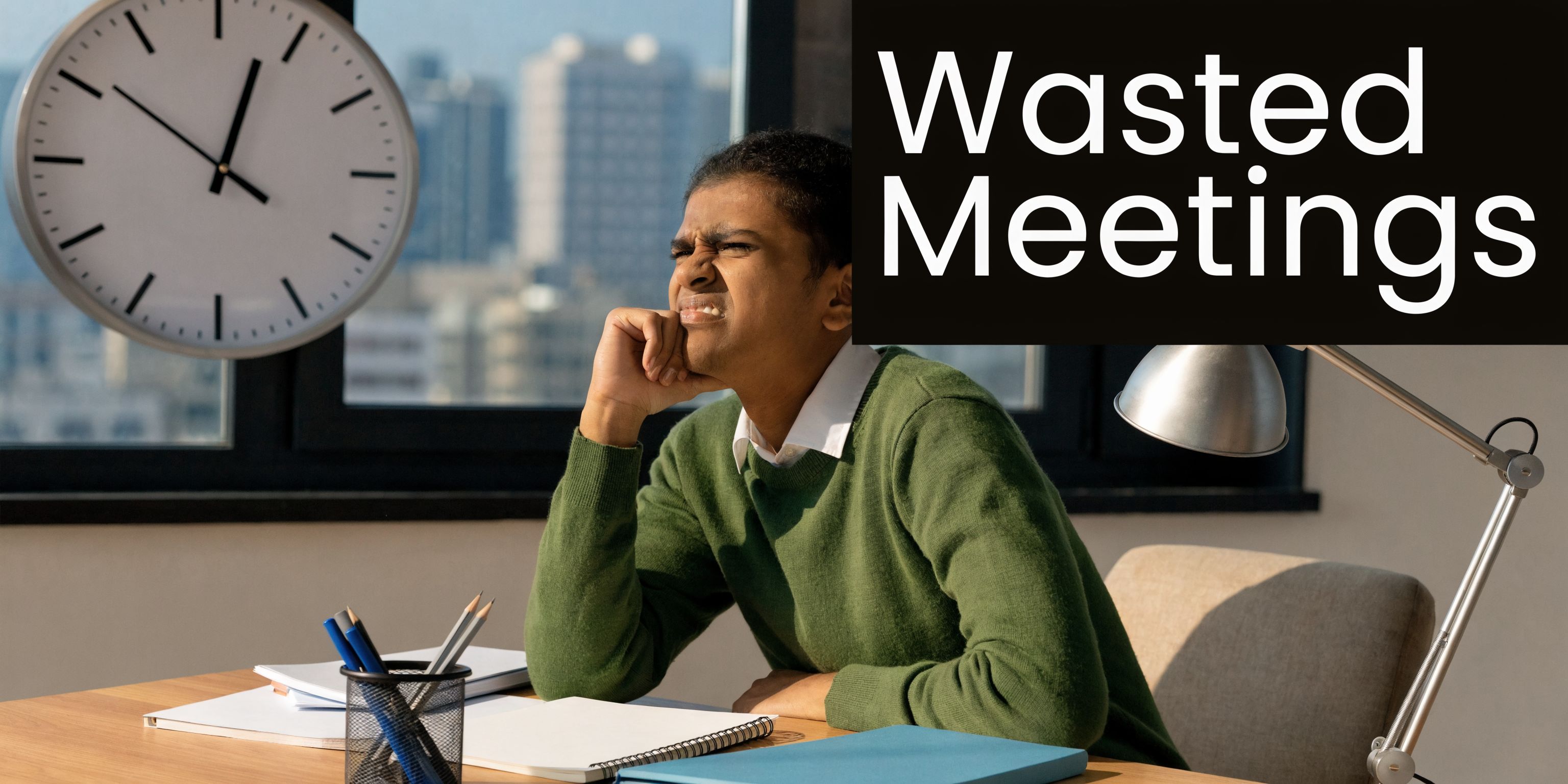 A frustrated office worker sitting at a desk appearing annoyed by long, unproductive business meetings.