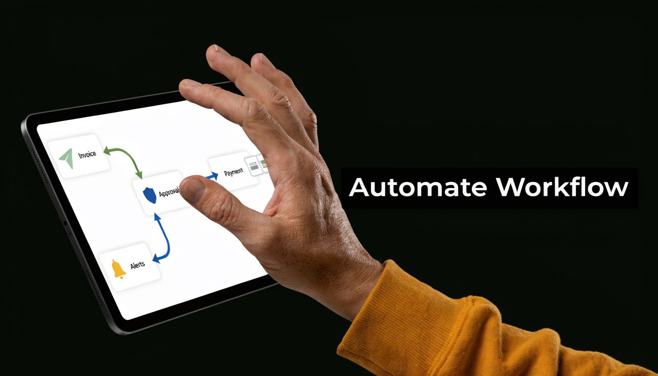 A close-up of a person touching a digital tablet screen showing an automated business workflow diagram.