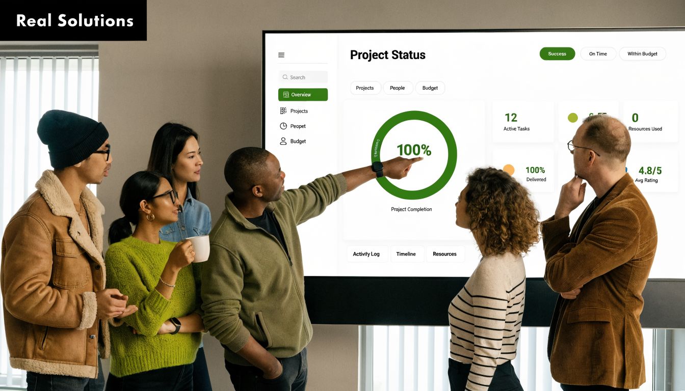 A diverse team collaborating in a modern office while viewing project progress on a large monitor.
