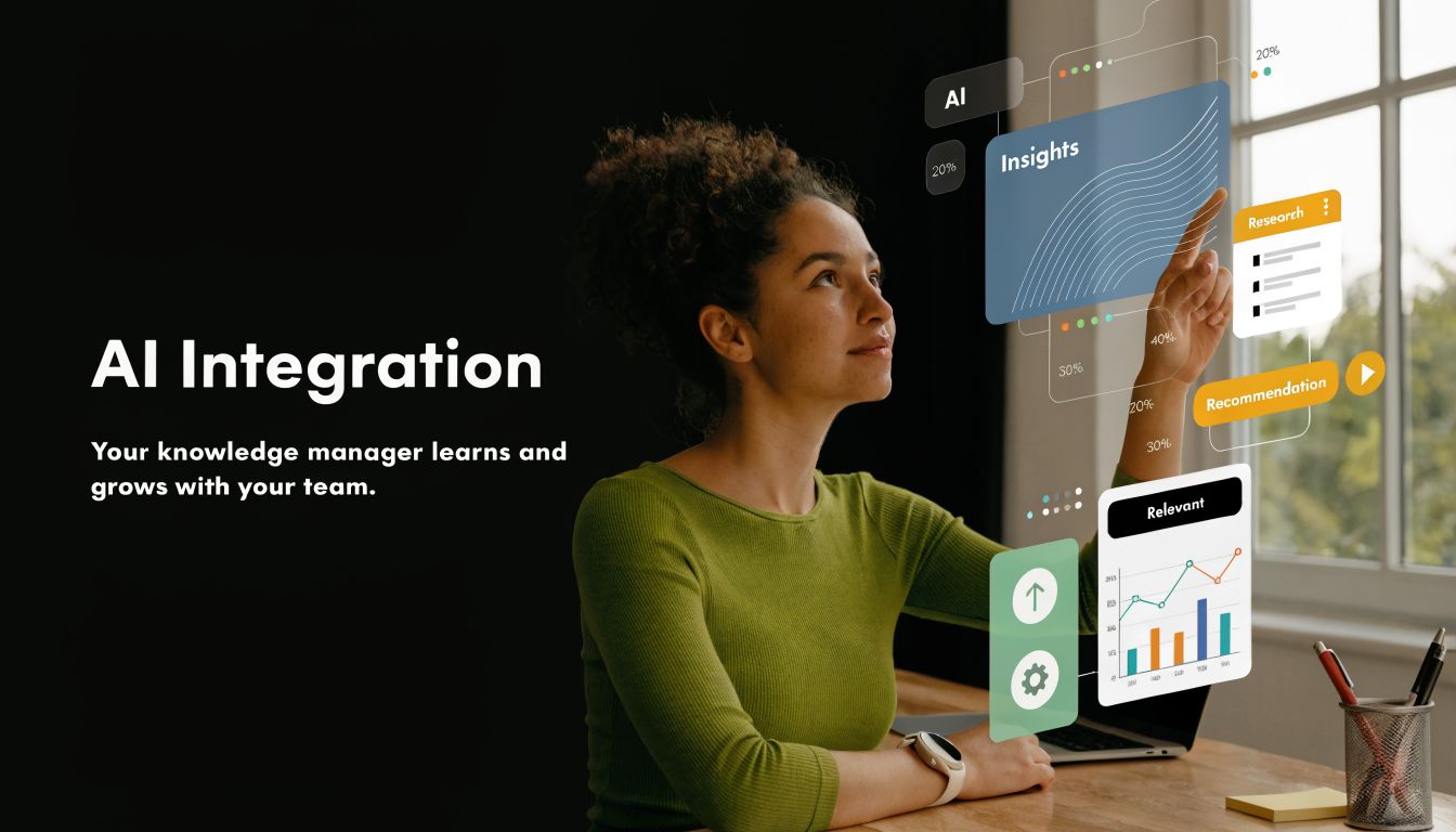 A woman interacting with a futuristic digital interface showing AI insights and data analytics at a desk.