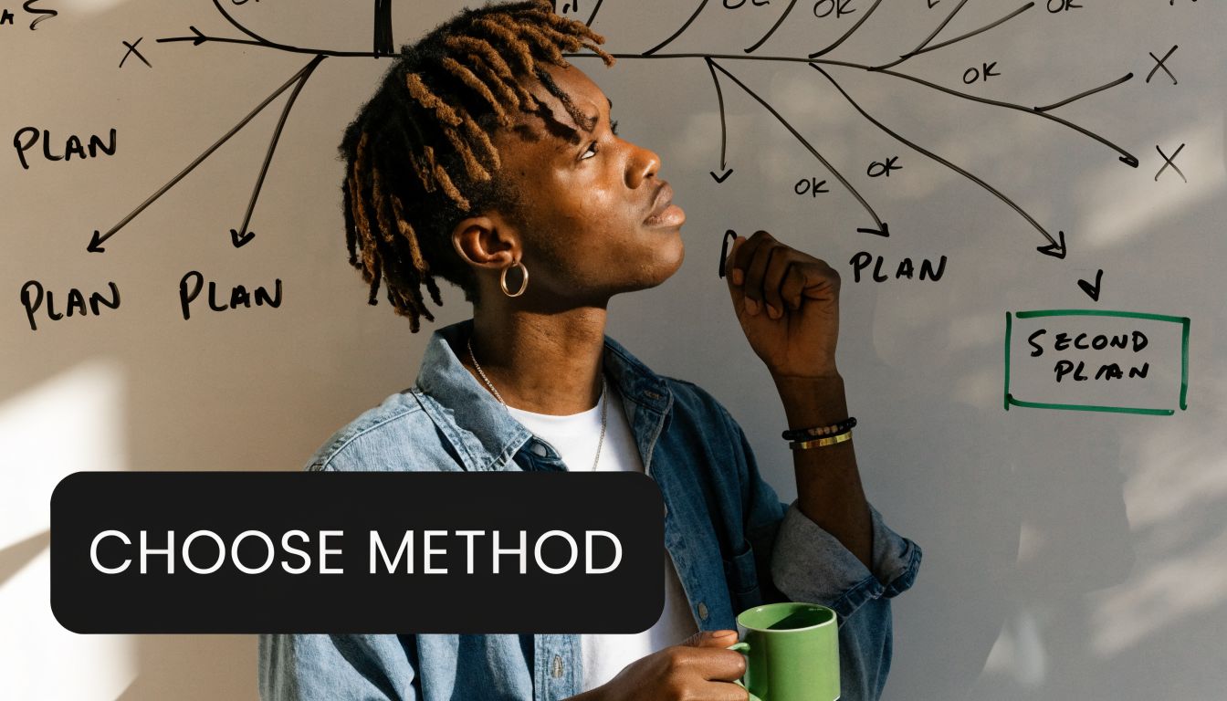 A thoughtful young man with dreadlocks holding a mug, standing in front of a white board with handwritten diagrams.
