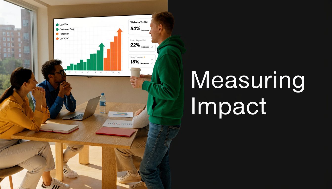 A professional team collaborating in a modern office while viewing business growth metrics on a screen.