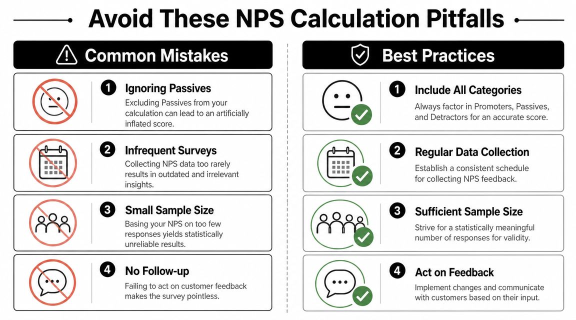 An infographic comparing common NPS calculation mistakes on the left with best practices on the right.