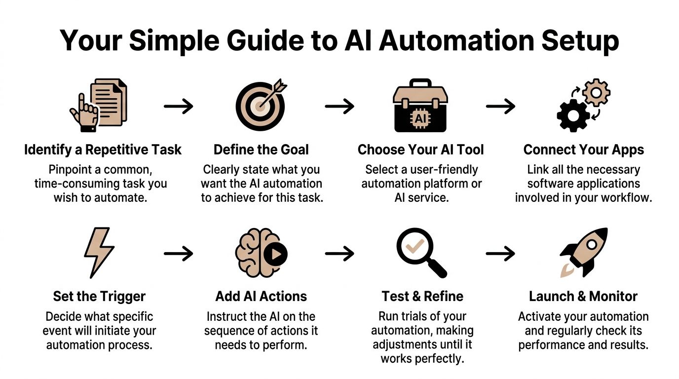 A simple guide infographic illustrating the eight essential steps for setting up successful AI automation workflows.