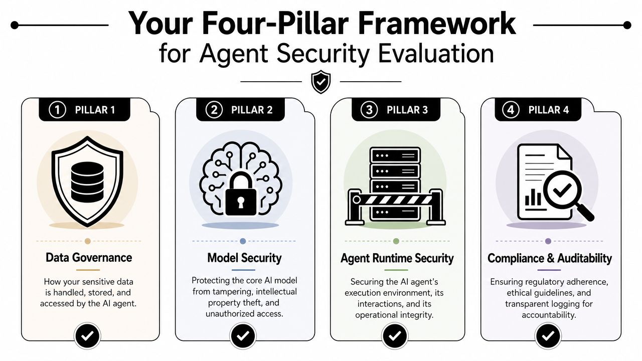 An infographic titled Four-Pillar Framework for Agent Security Evaluation outlining data governance, model security, runtime security, and compliance.
