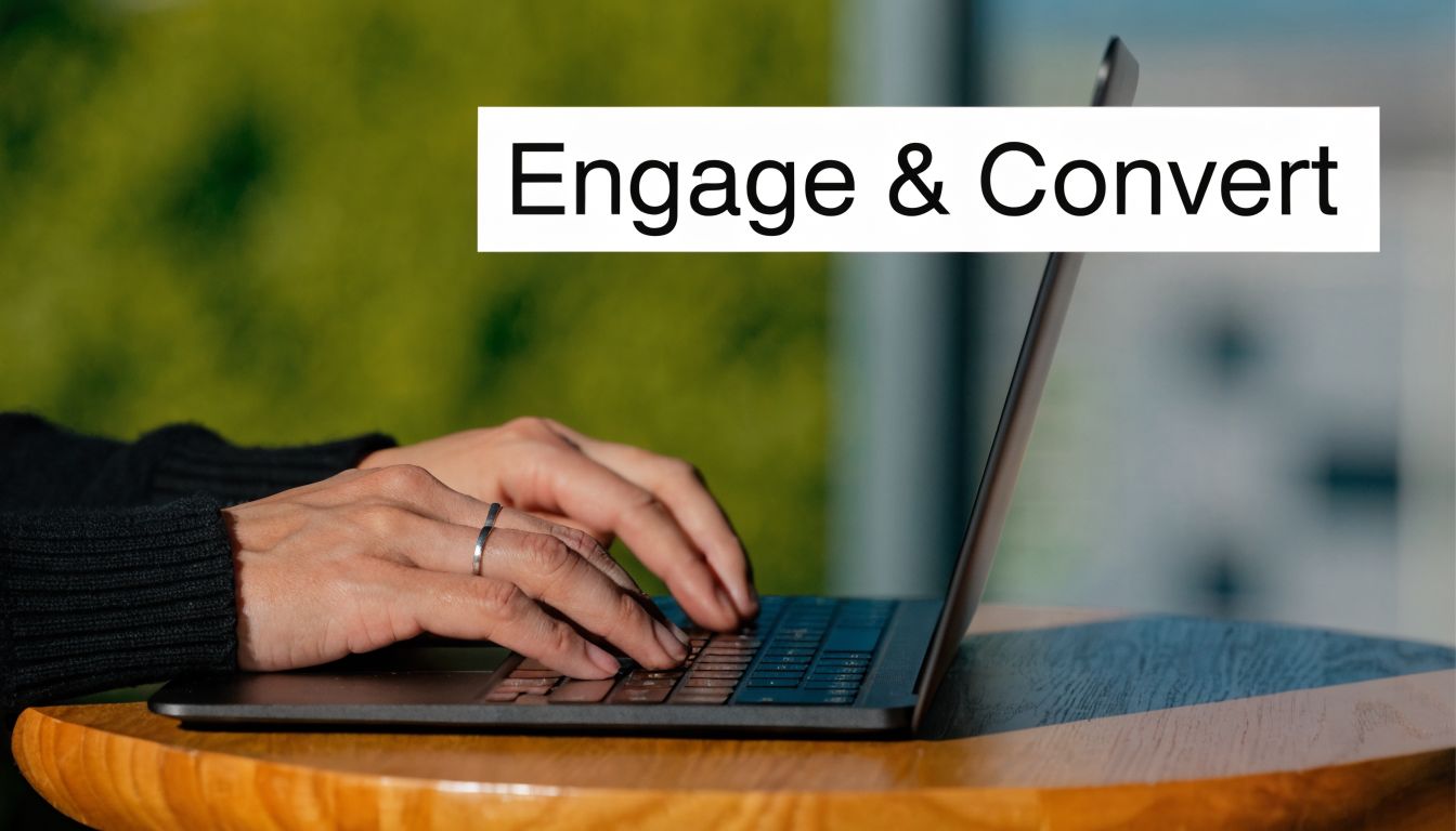 A person typing on a laptop computer with the text Engage and Convert displayed above.
