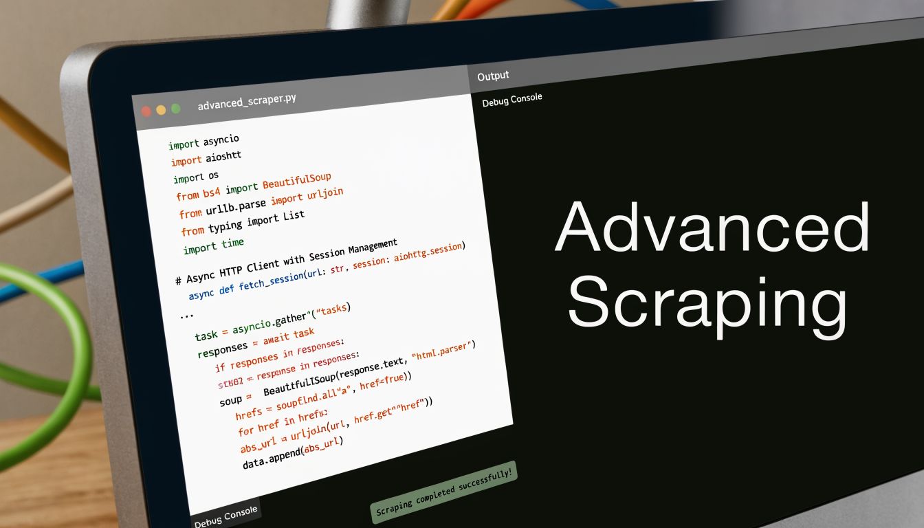 A close-up of a laptop screen displaying Python code for advanced web scraping and task automation.
