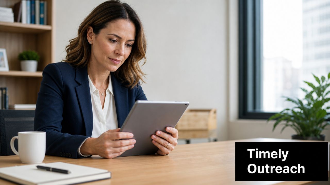 A professional woman in a suit reading a tablet while seated at a wooden office desk.