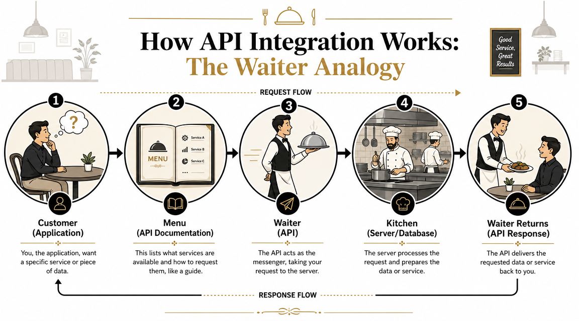 An infographic explaining API integration using a waiter analogy with five sequential steps from request to response.