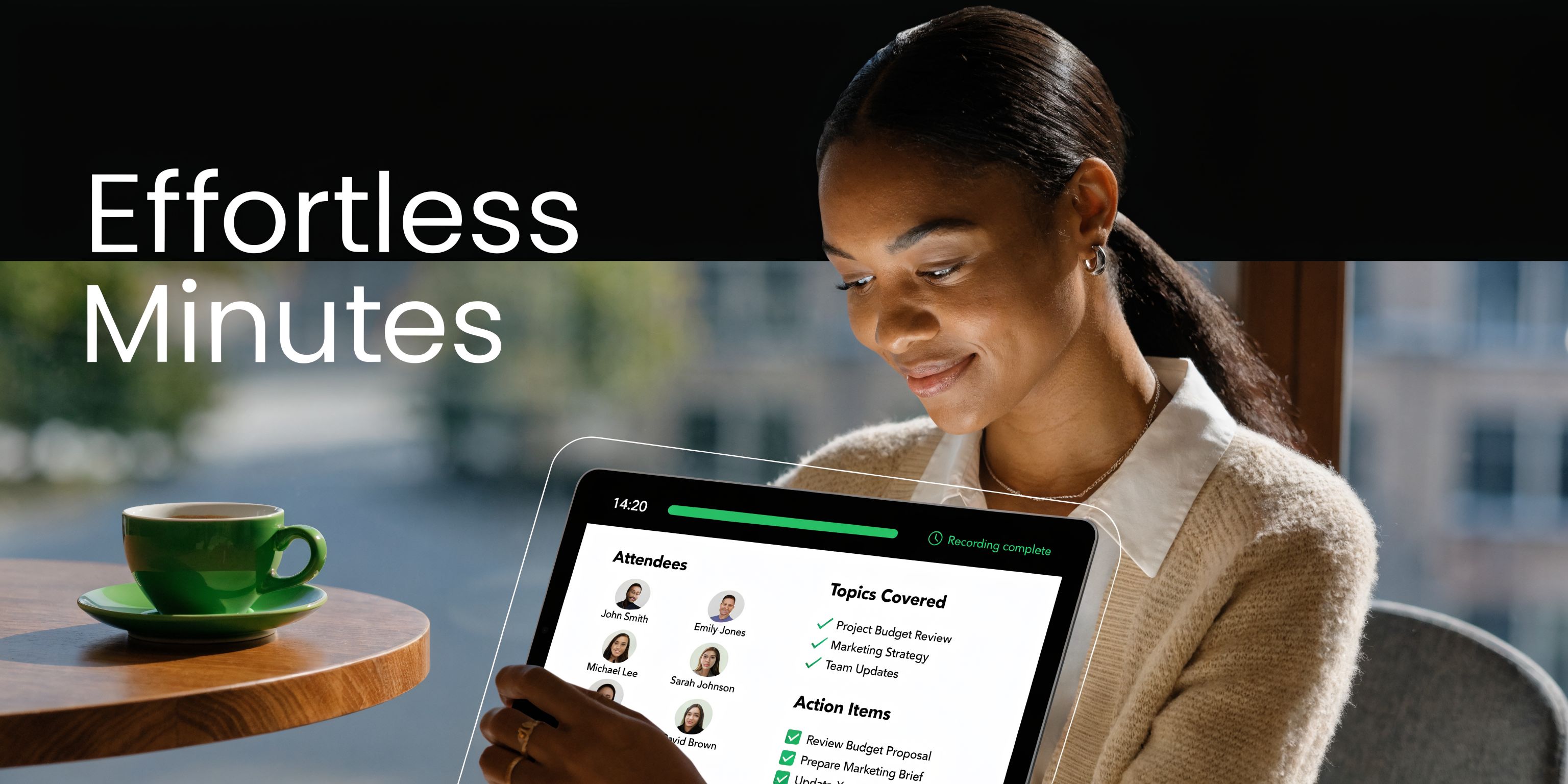 A professional woman using a tablet to view automated meeting summary notes and action items after a discussion.