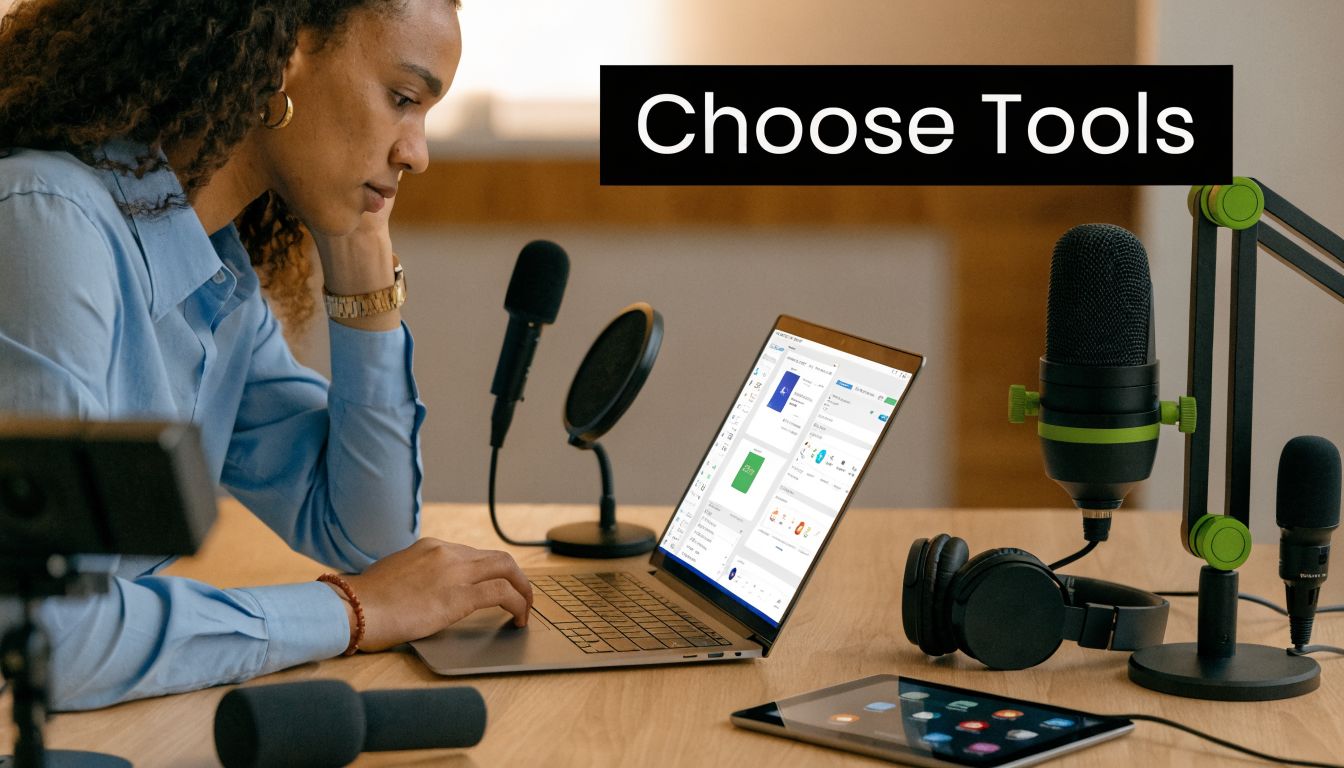 A woman working on a laptop at a desk surrounded by professional podcasting microphones and headphones.