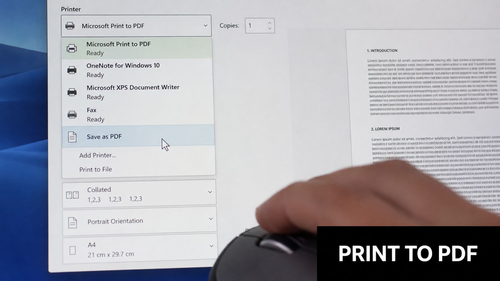 A close-up view of a computer screen showing a print dialog window with PDF options.