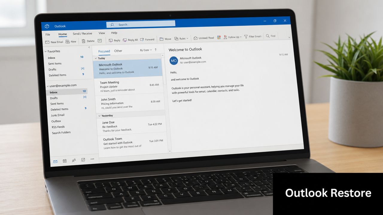 A laptop screen displaying the Microsoft Outlook application interface, showing an email inbox and navigation menu.
