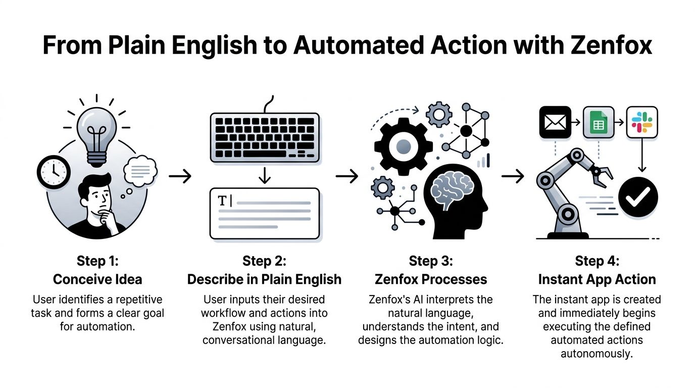 A four-step diagram illustrating the process of using Zenfox to create automated workflows through natural language input.