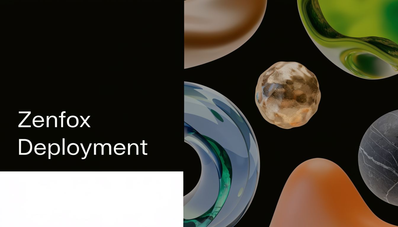 A digital presentation slide titled Zenfox Deployment featuring abstract 3D shapes on a black background.