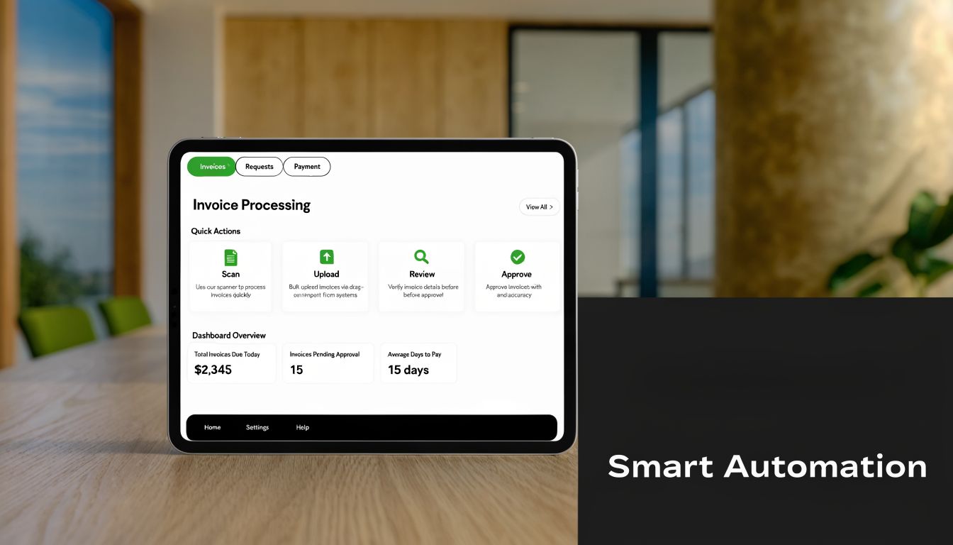 A digital tablet displaying an invoice processing dashboard on a wooden conference table in a modern office.