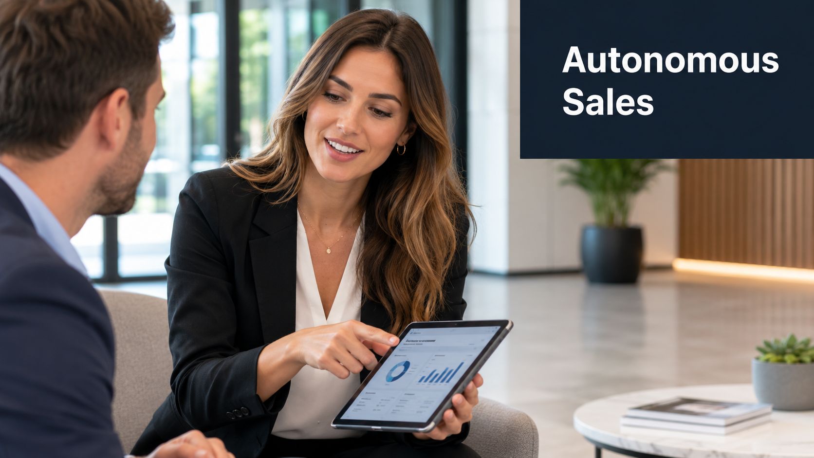 A professional woman in a business suit showing sales performance data on a tablet to a colleague.