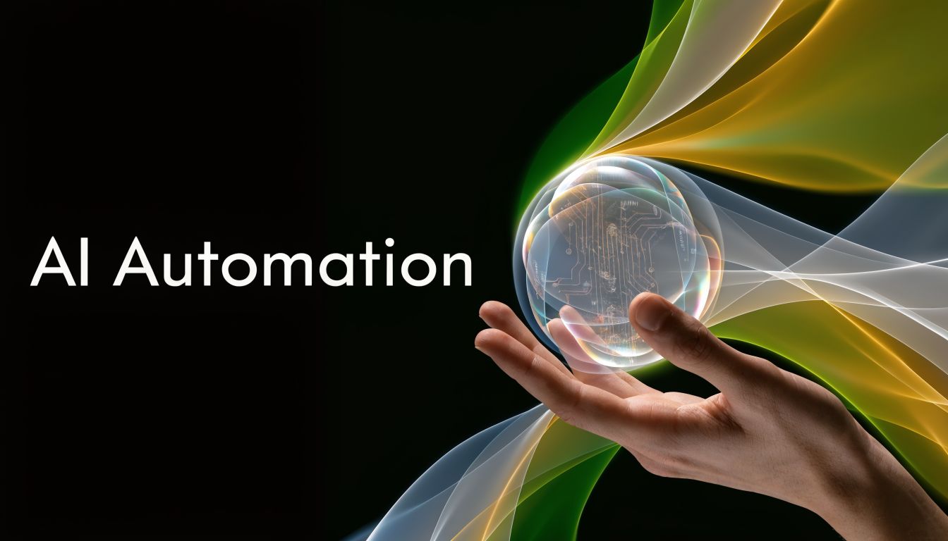 A hand holding a glowing digital sphere containing circuitry, representing the concept of AI automation technology.