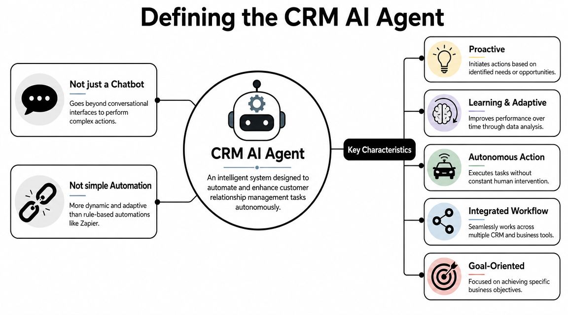 A diagram defining a CRM AI agent, highlighting its features compared to chatbots and simple automation tools.