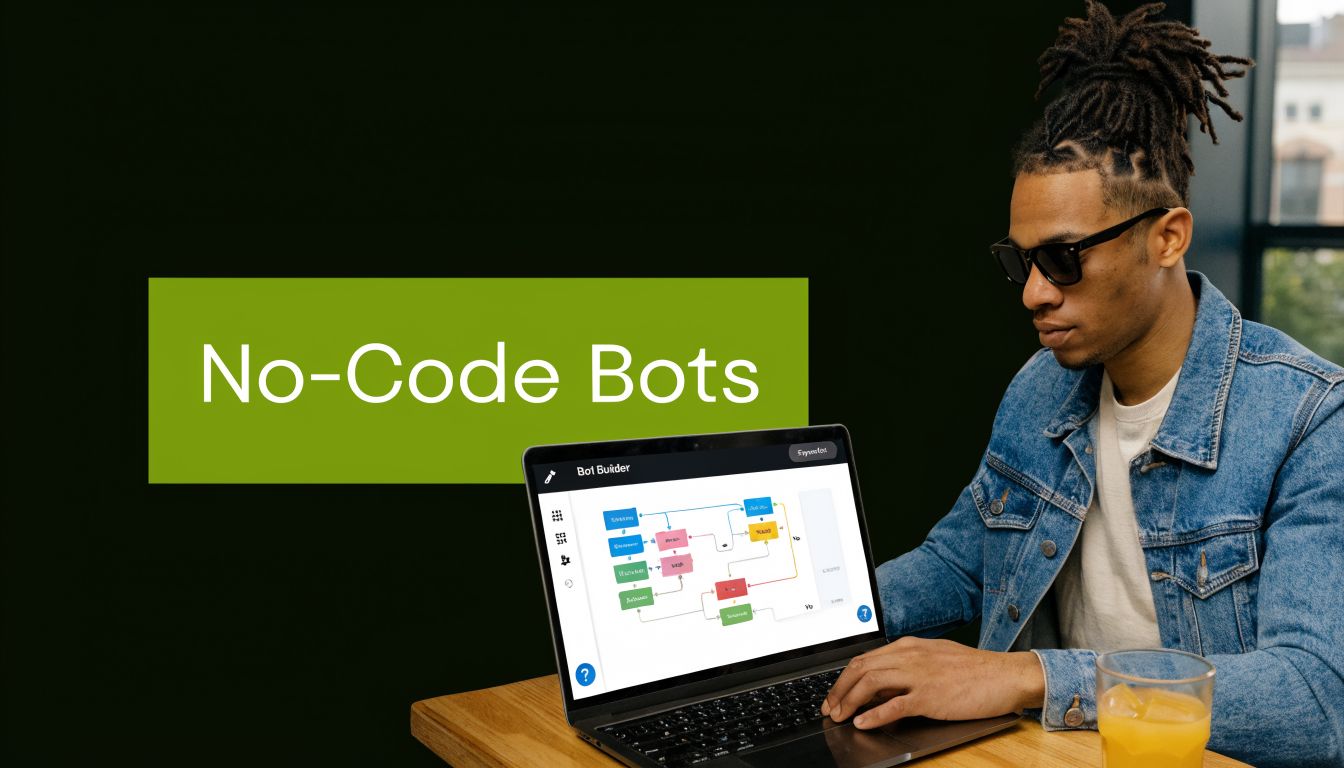 A man wearing glasses and a denim jacket using a laptop to create no-code chatbots.