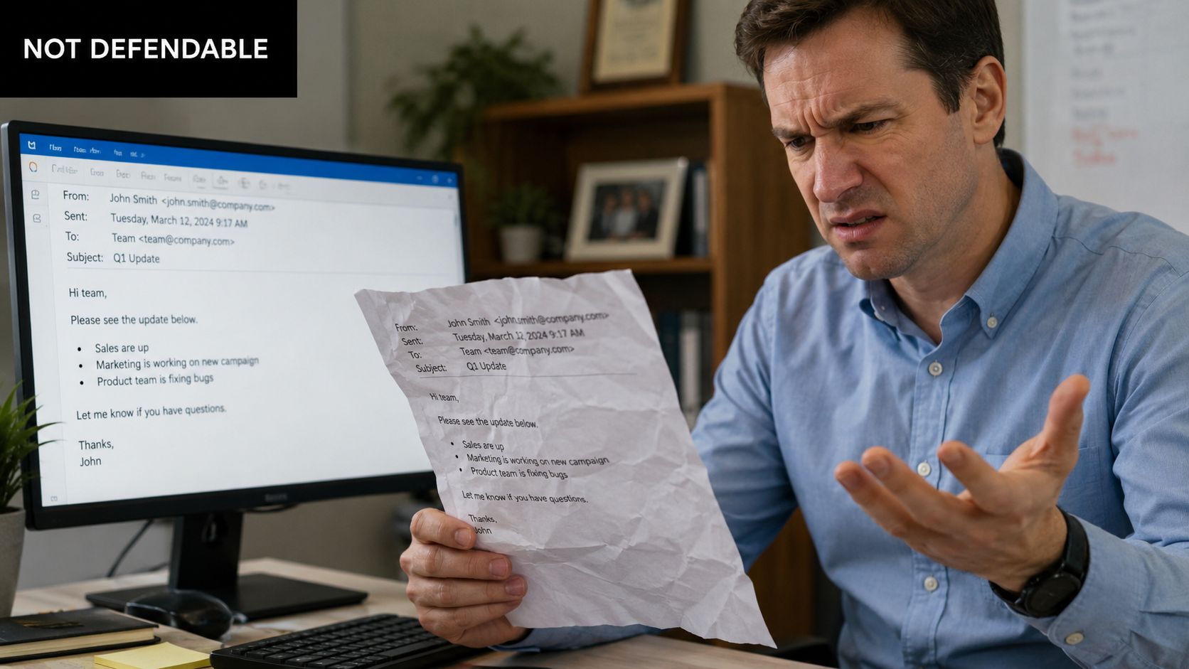 A frustrated man looks at a crumpled printed email that matches the document on his computer screen.