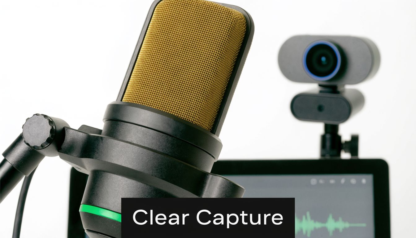 A professional microphone and a webcam positioned in front of a computer screen for clear audio capture.