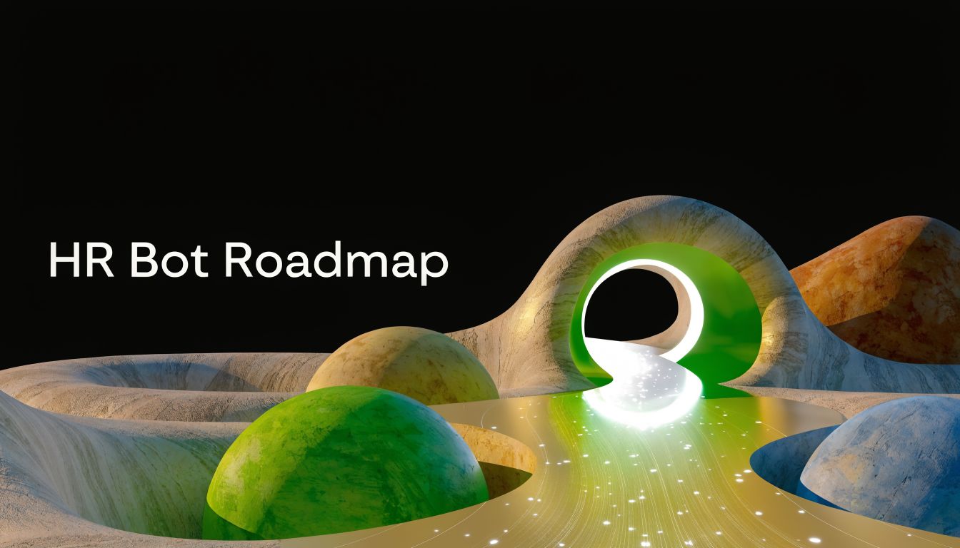 A digital abstract landscape with glowing spheres and paths, titled HR Bot Roadmap for human resources.