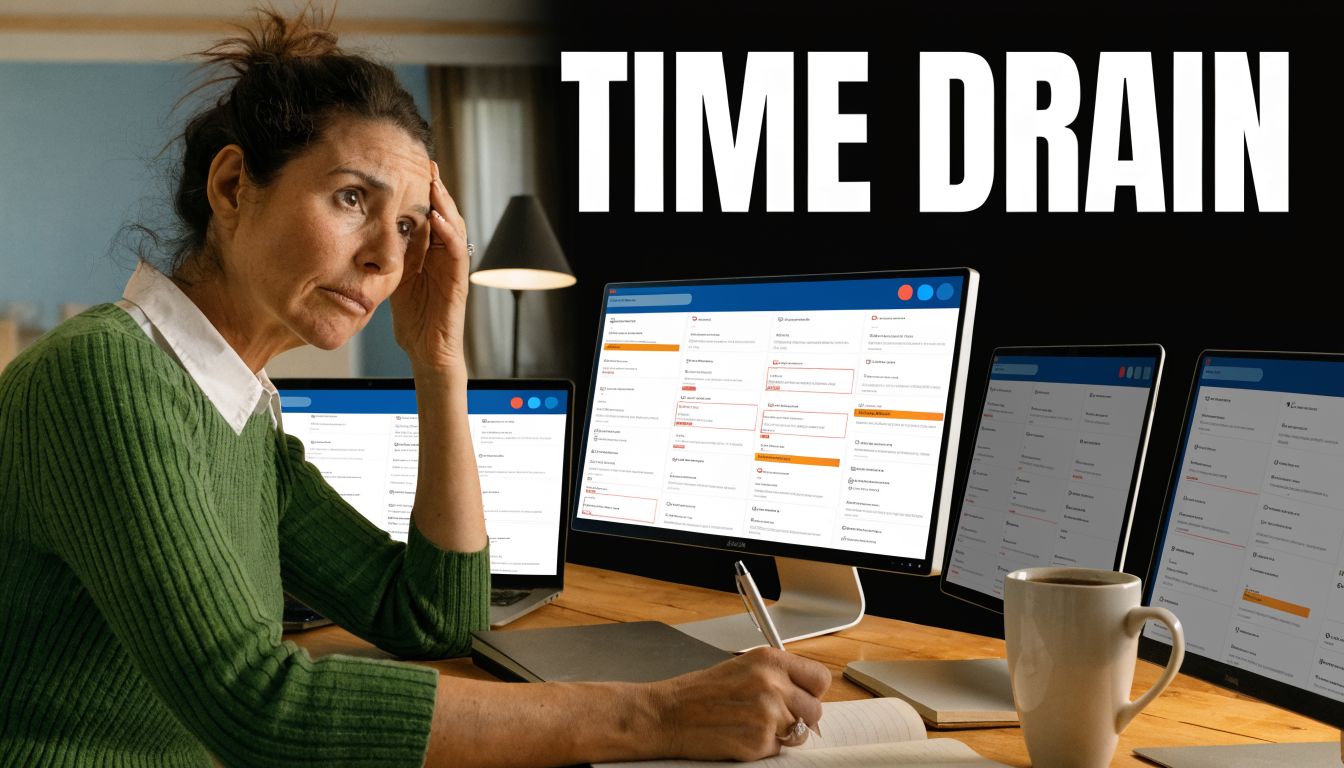 A woman looks stressed while working at a desk with multiple computer monitors displaying complex digital data.