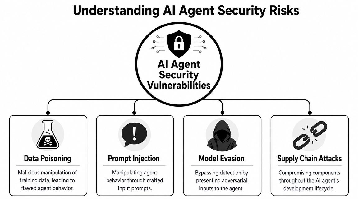 A diagram outlining four main security risks for AI agents: data poisoning, prompt injection, model evasion, and supply chain attacks.