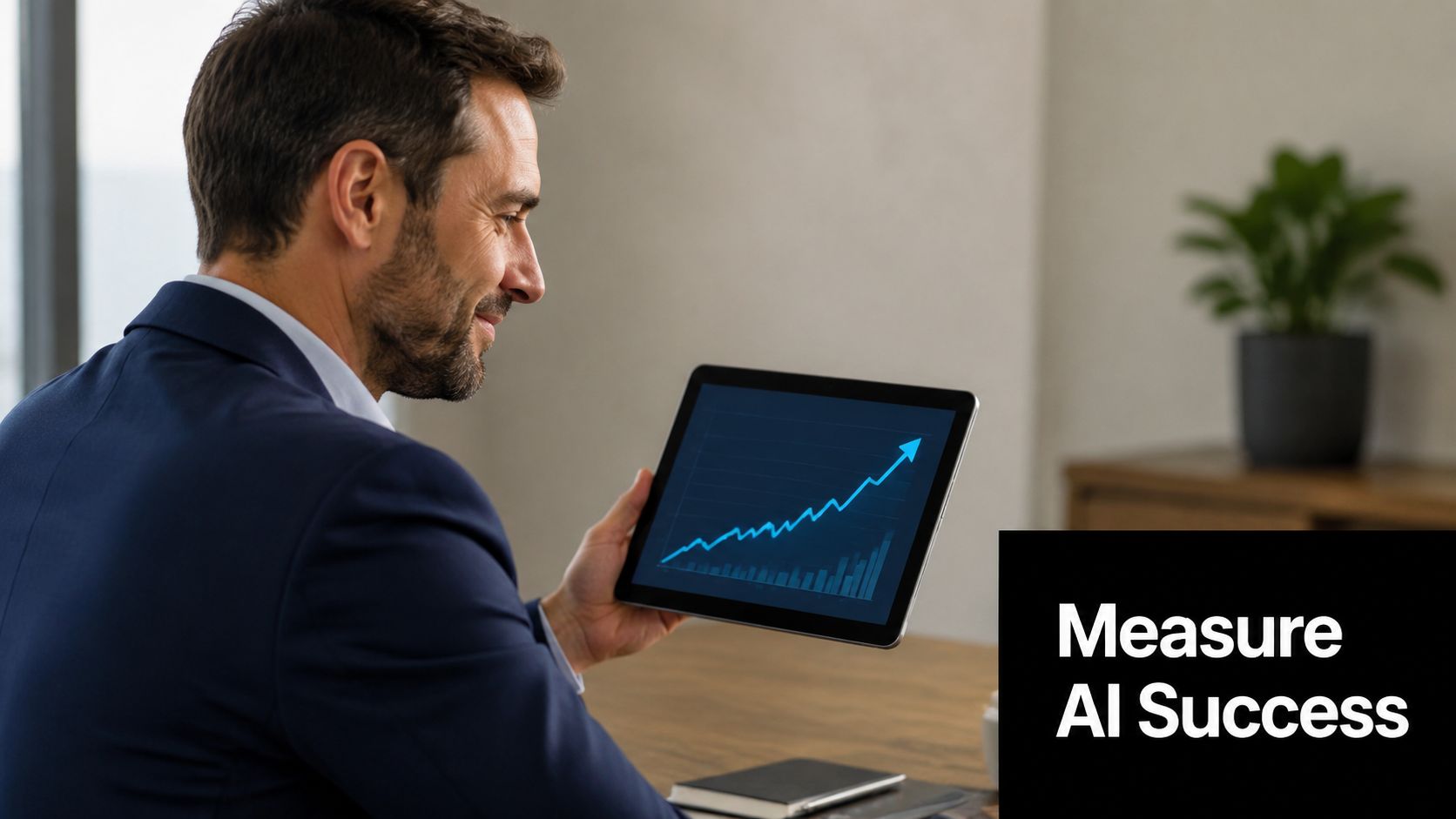 A professional man in a business suit looking at a rising graph on his digital tablet.