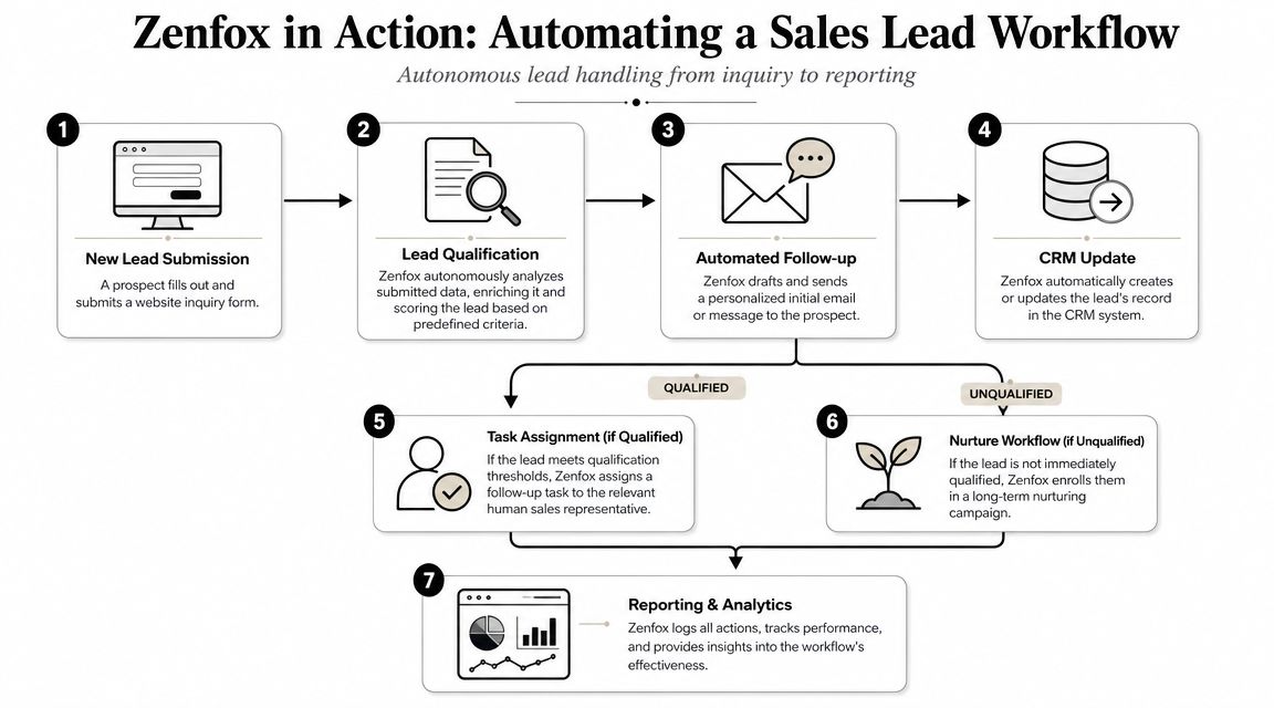 A diagram illustrating the Zenfox automated sales lead workflow, from inquiry submission to reporting and analytics.