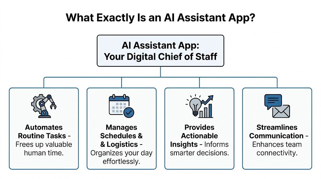 A diagram explaining the functions of an AI assistant app acting as a digital chief of staff.
