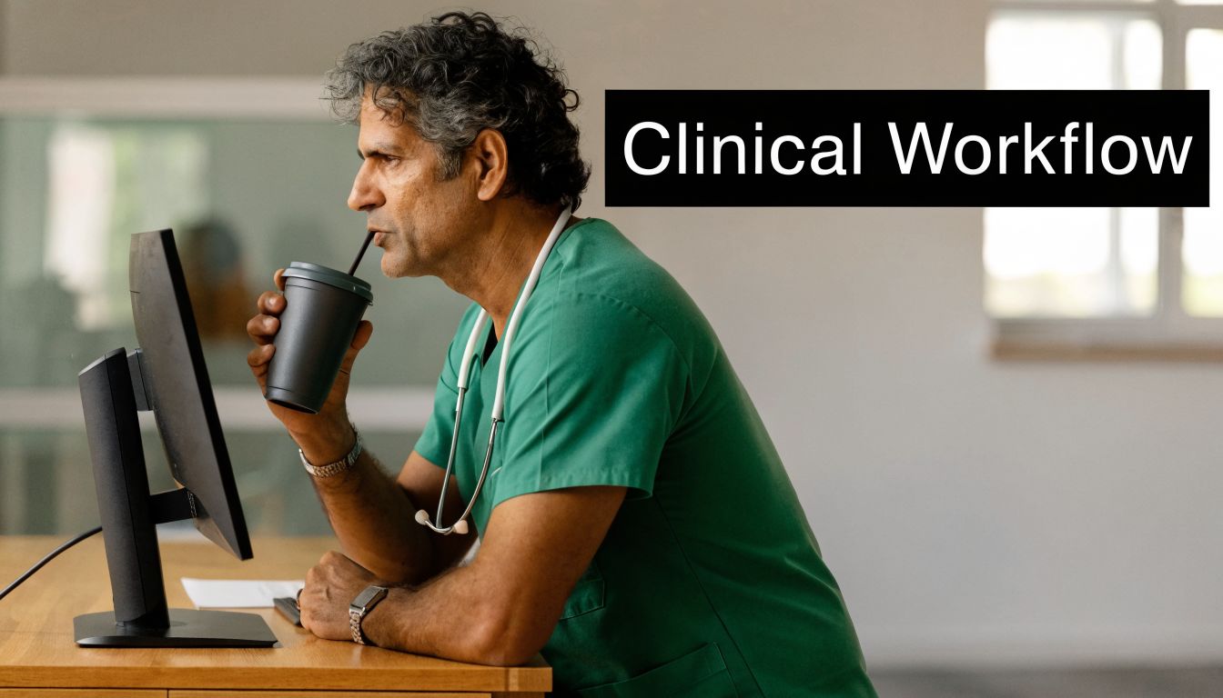 A doctor in green scrubs drinking from a cup while looking at a computer screen.