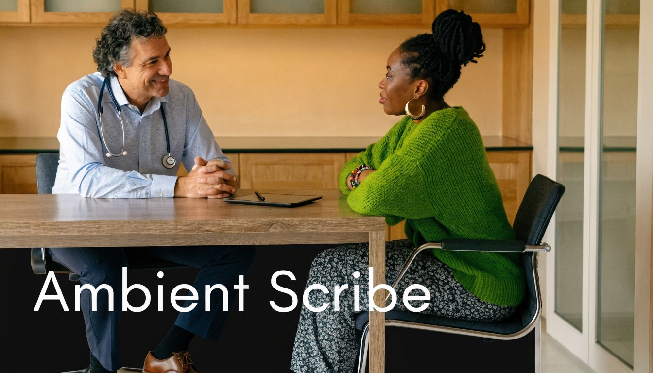 A doctor in a light blue shirt talking to a female patient in a bright green sweater.
