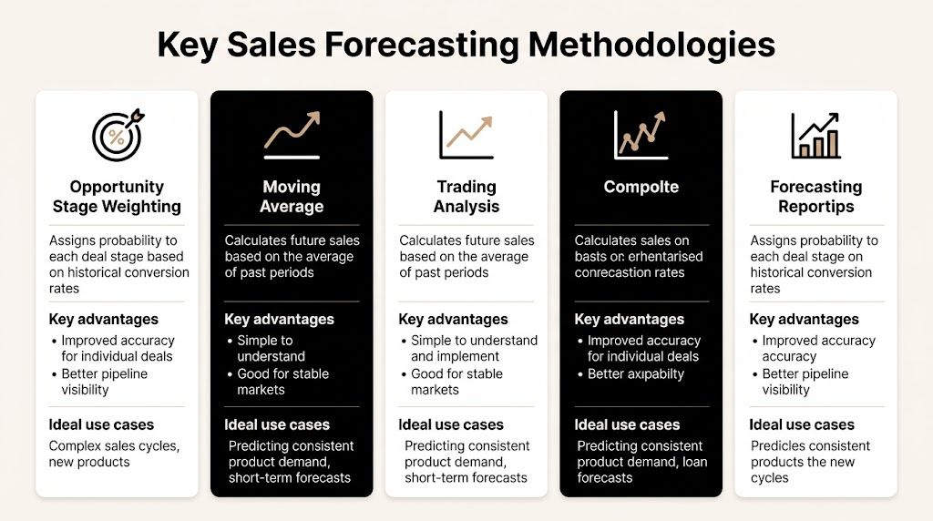 A chart comparing five different sales forecasting methodologies with descriptions, key advantages, and ideal use cases.