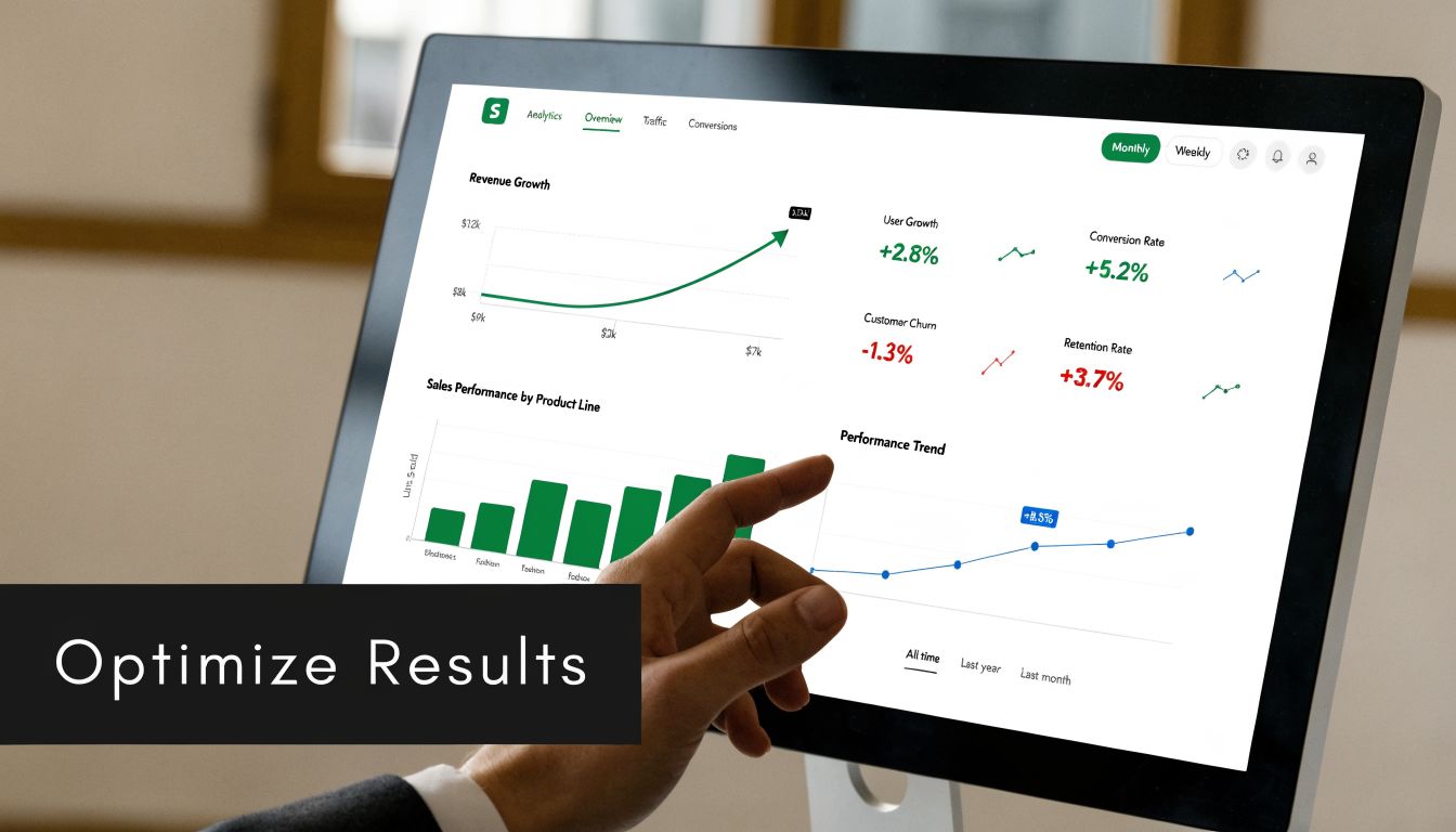 A professional analyzing business performance analytics dashboard on a computer screen for marketing strategy optimization.