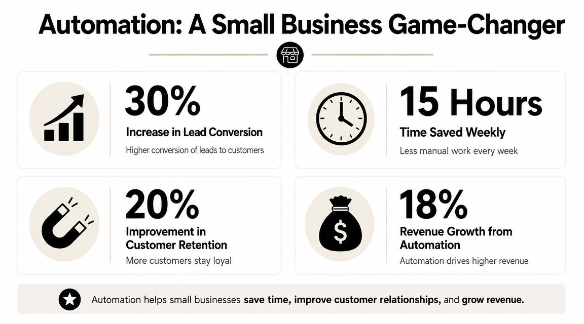 An infographic showing how automation increases lead conversion, saves time, improves retention, and grows small business revenue.