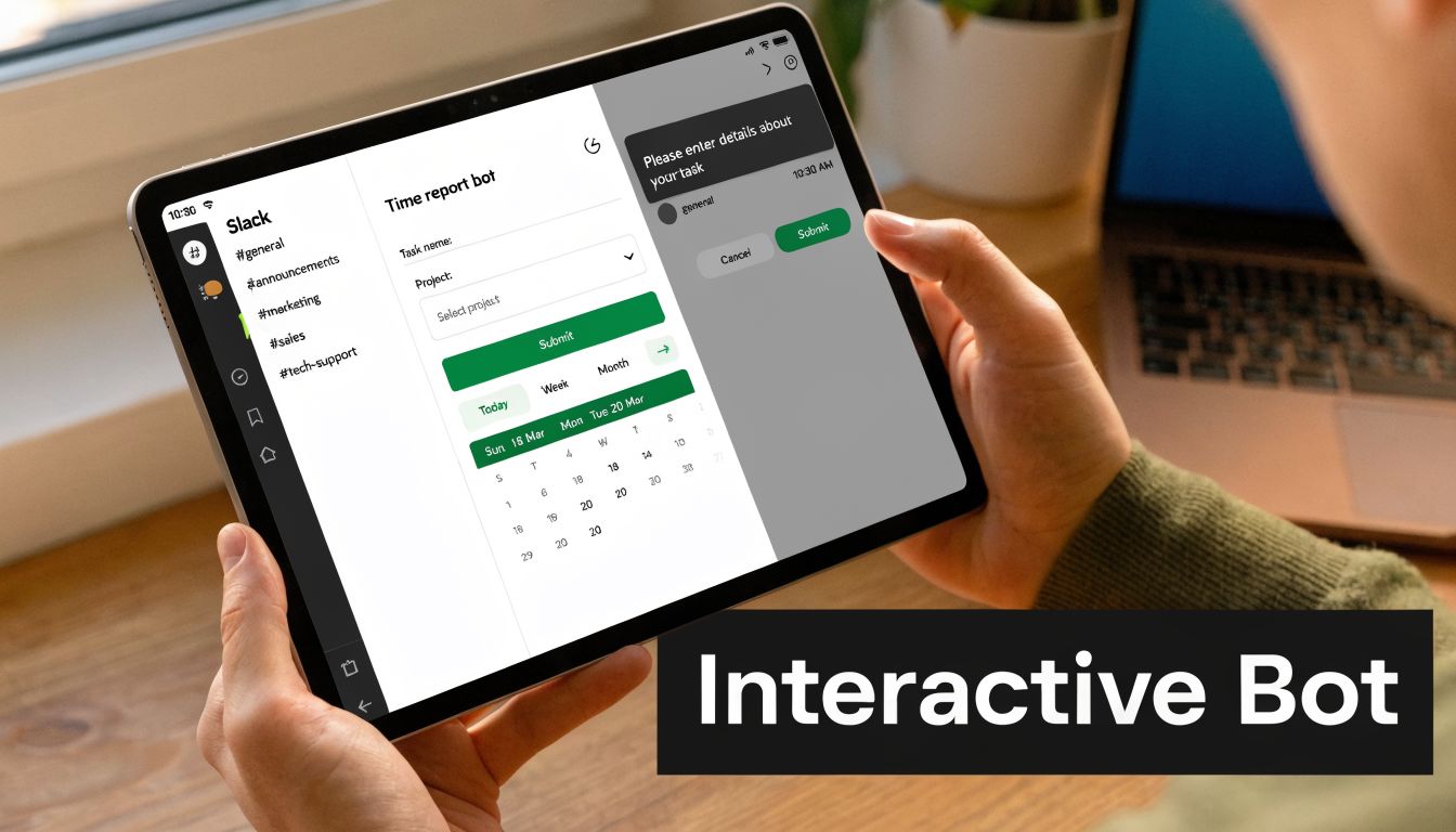 A person holding a tablet displaying a Slack interface featuring an interactive time report bot application.