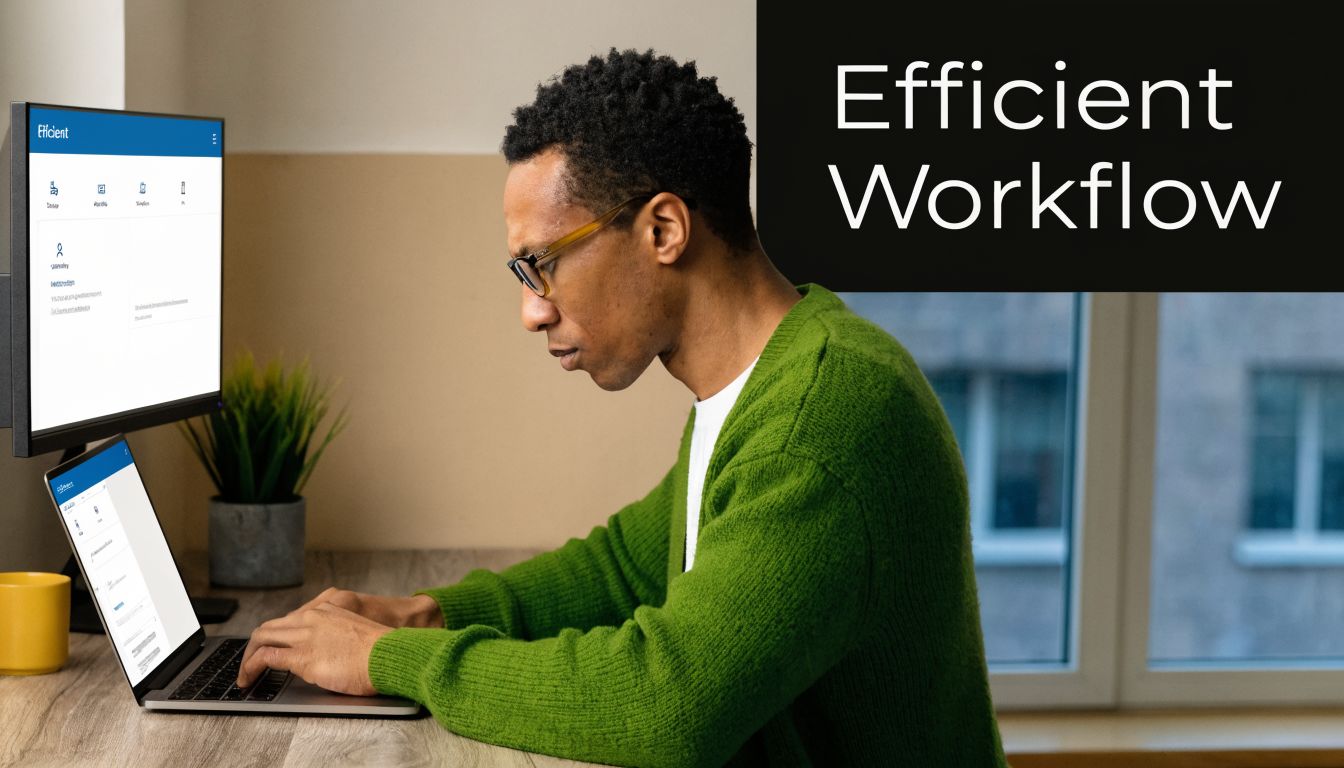 A focused man working on a laptop with a monitor in a bright office environment.