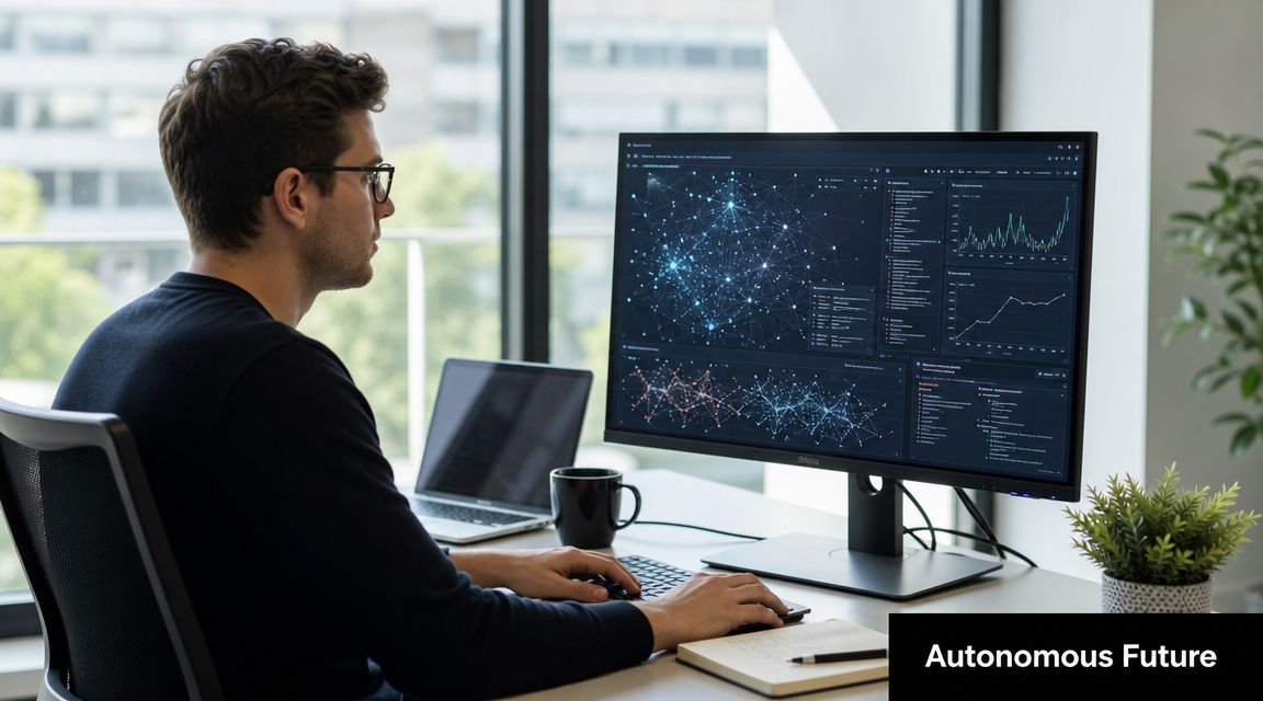 A professional working at a desk with a computer monitor displaying complex data visualization and network graphics.