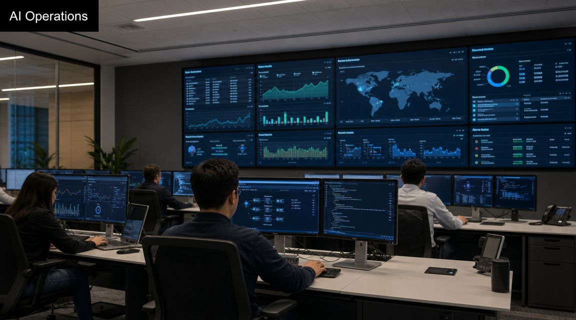 A professional team working in a modern office monitoring complex AI operations data on large screen displays.